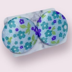 Blue Floral Fabric Button Studs Post Earrings